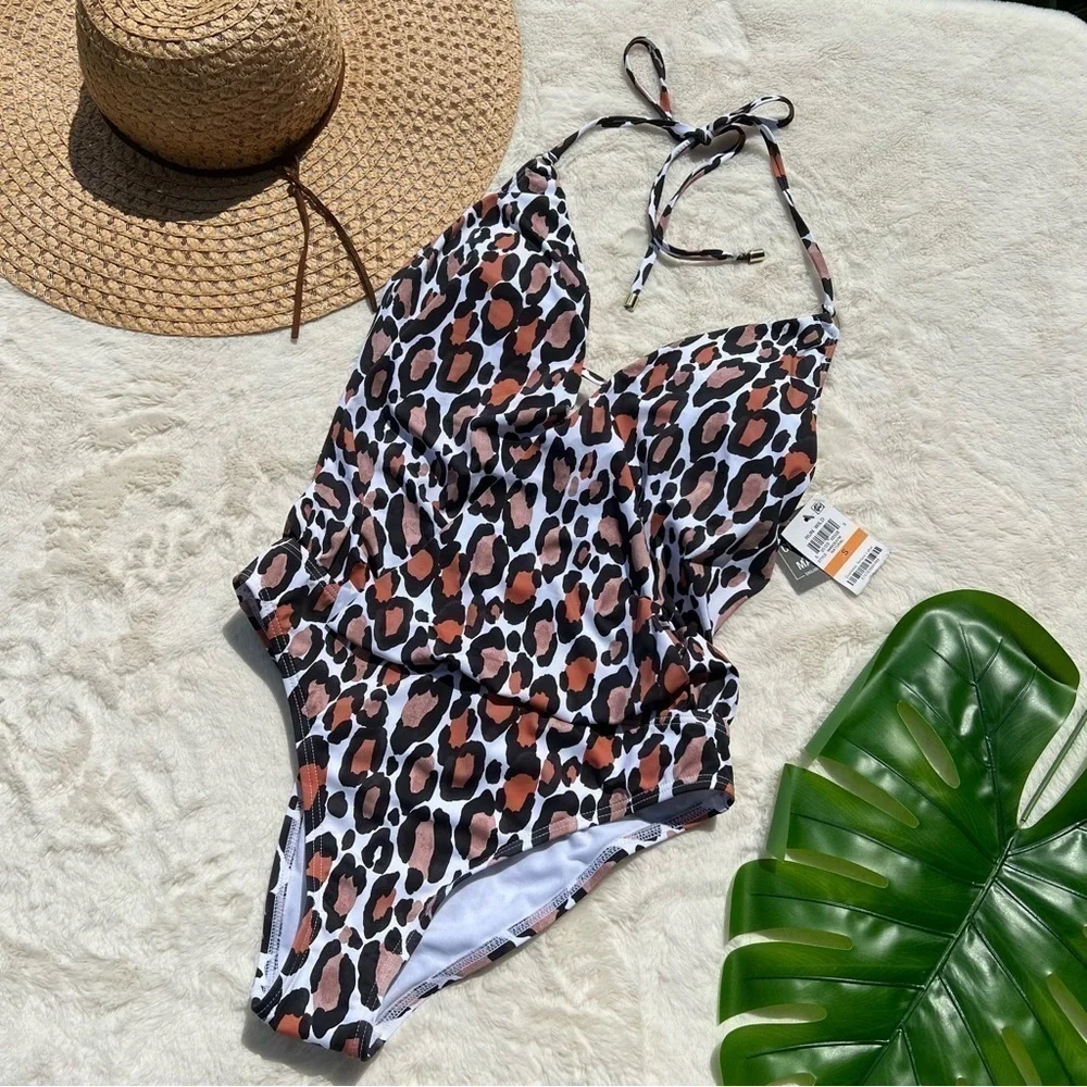 Bar III Leopard Print Halter One Piece Swimsuit Plunge Low Back Size S NWT